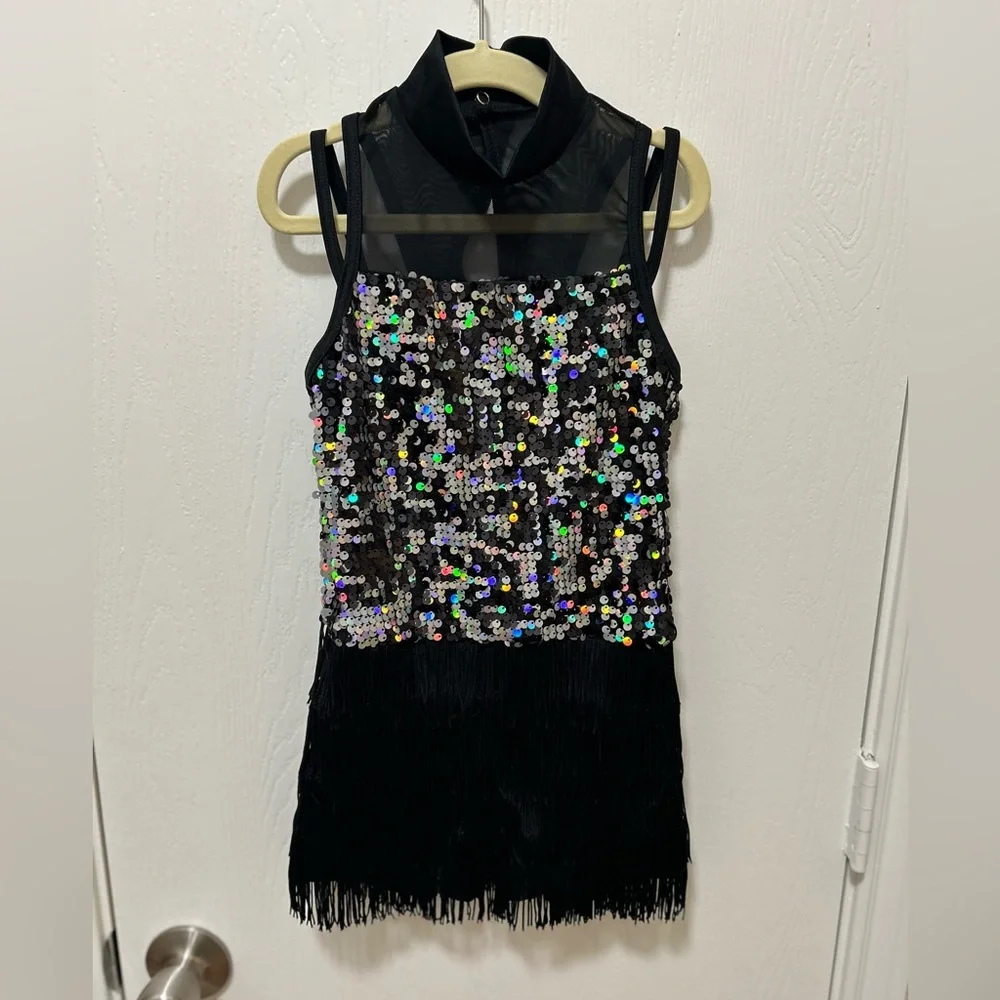Weissman Fringe Dance Costume Black Sequined Size Medium Child Style 13329